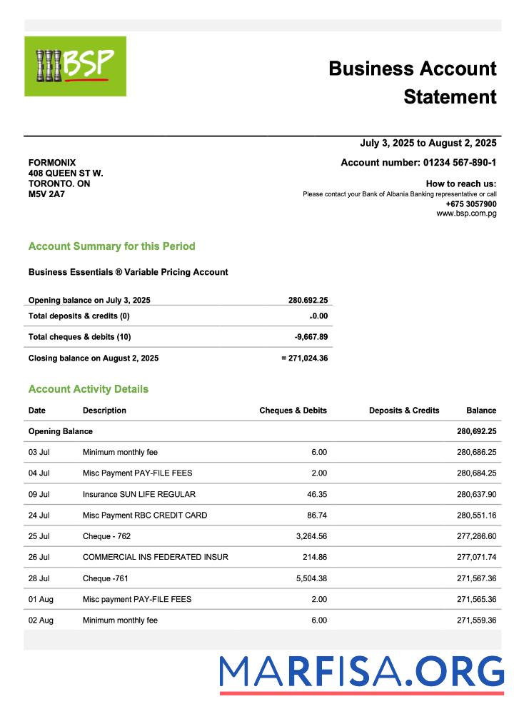 Blank Papua New Guinea BSP firm checking account statement Word and PDF template